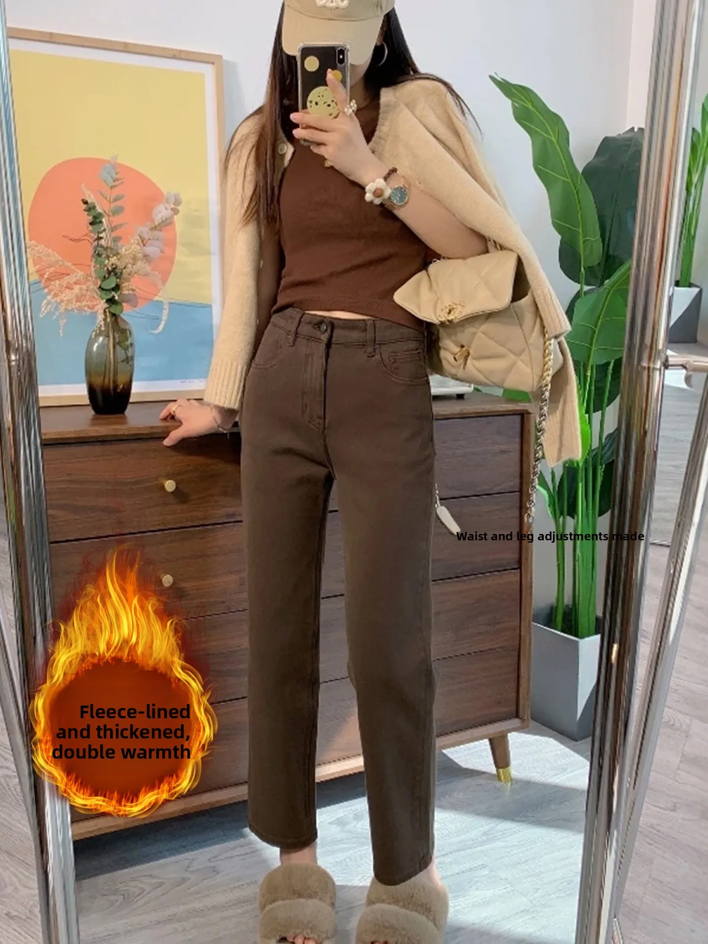 

Cafe Brown Fleece Lined Straight Leg Denim Jeans Women's plus Size Fall New Small Tall Slim Elastic Nine Tube Maple Pants