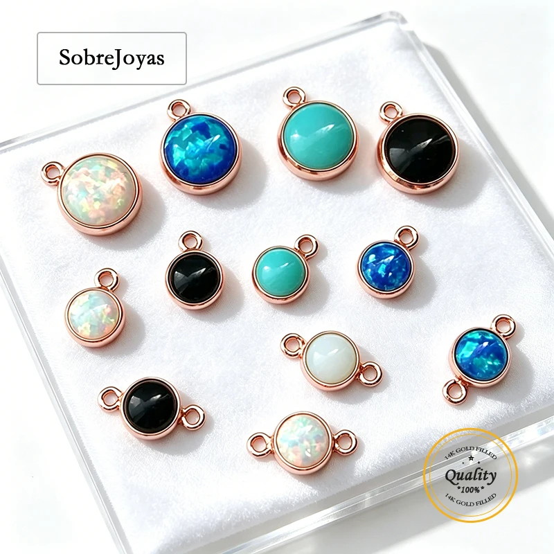 

4/6mm 14K Rose Gold Filled Opal Charm Or Connector Opal Connectors Turquoise Charm Black Onyx Drop for Wholesale