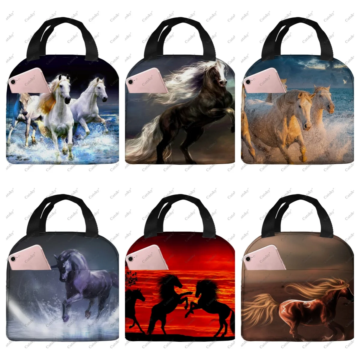 Animal Horse wallpaper Portable aluminum foil thickened insulated lunch bag meal printed waterproof insulated lunch tote bags