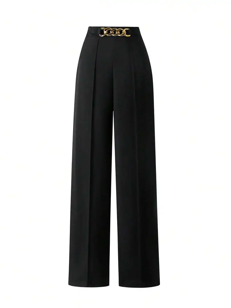 

Women's High-Waisted Wide-Leg Trousers with Gold Chain Belt Detail, Solid Black, Relaxed Fit