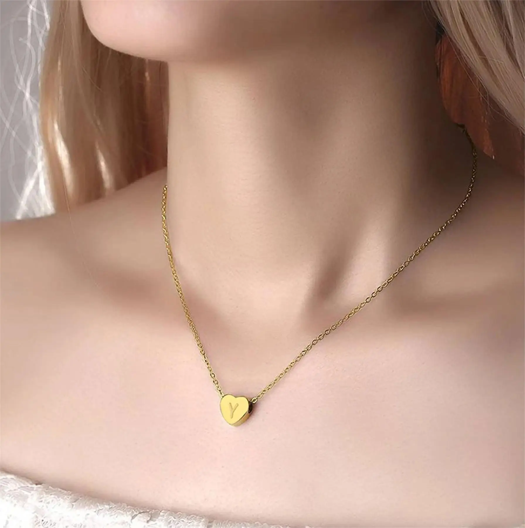 CARLIDANA Minimalist Gold Plated Stainless Steel Jewelry Initial kids Alphabet Pendant Small Mini Heart Initial Letter Necklace