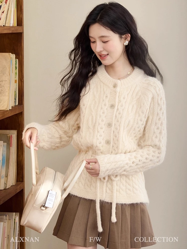 ALXNAN-cárdigan de lana de albaricoque para mujer, suéter holgado con cuello redondo, suéter de otoño e invierno, nuevo cárdigan de punto de manga larga para mujer L51903