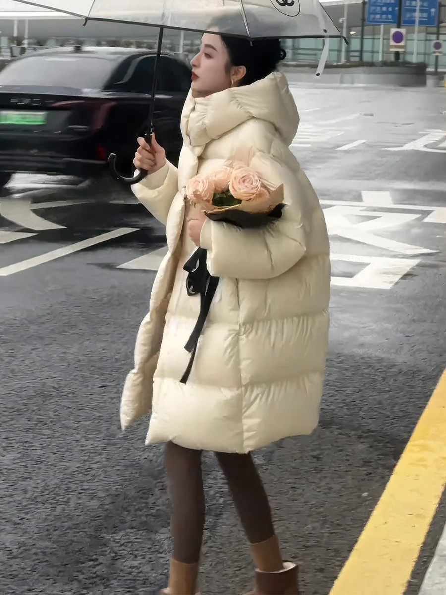 Koreańska kurtka puchowa z kapturem, średniej długości, damska, zimowa, nowa, luźna, typu puchowy płaszcz, odzież wierzchnia, długi płaszcz z zamkiem błyskawicznym.