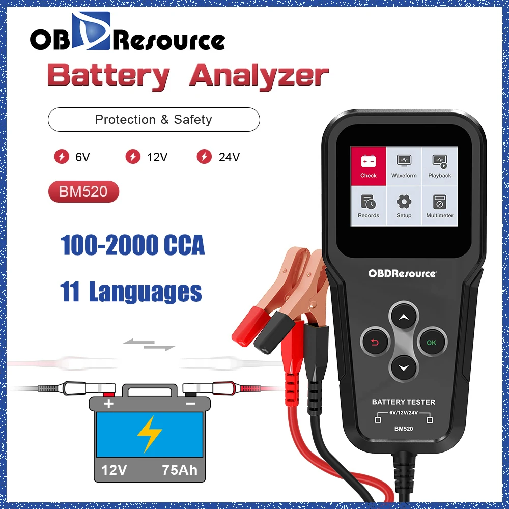 OBDResource Car Battery Tester BM520 6V 12V 24V 100-2000 CCA Voltage Detector Check Charge Tester Tool for Car Truck Motorcycle