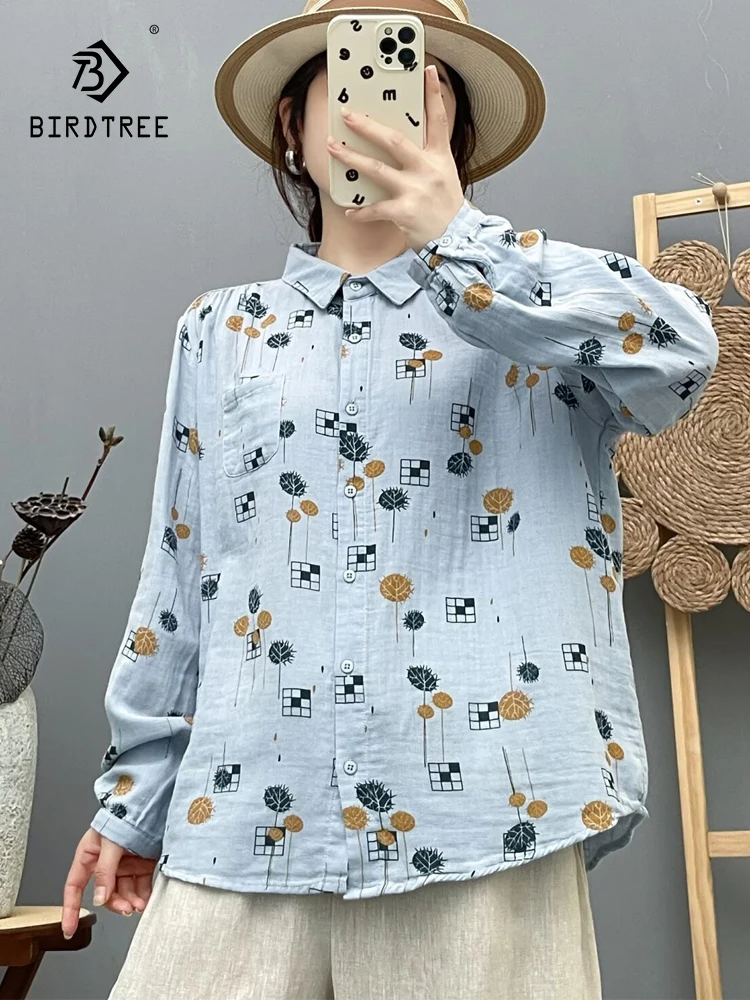 

New 2025 Fall Cotton Yarn Long Sleeve Shirt, Women Turn-down Collar Print, Mori Girl Comfortable Casual Loose Blouse T59052CC