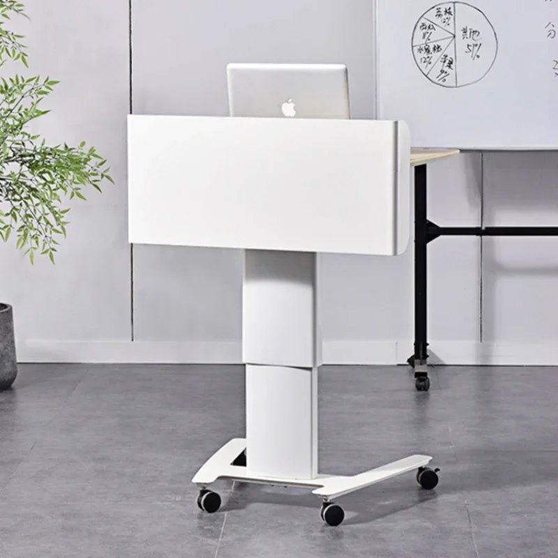 Standing office lift podium, speaker podium, white movable small conference podium with drawers, host podium