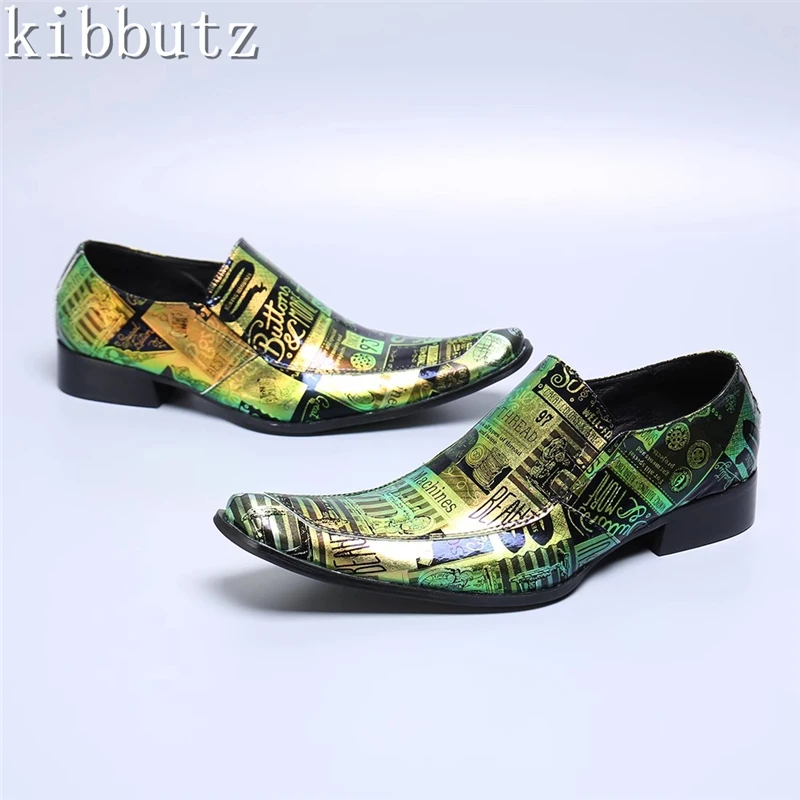 Mens Green Printing Loafers Luxury Design Genuine Leather Pointed Toe Slip-On Oxford Shoes Casual Male Footwear