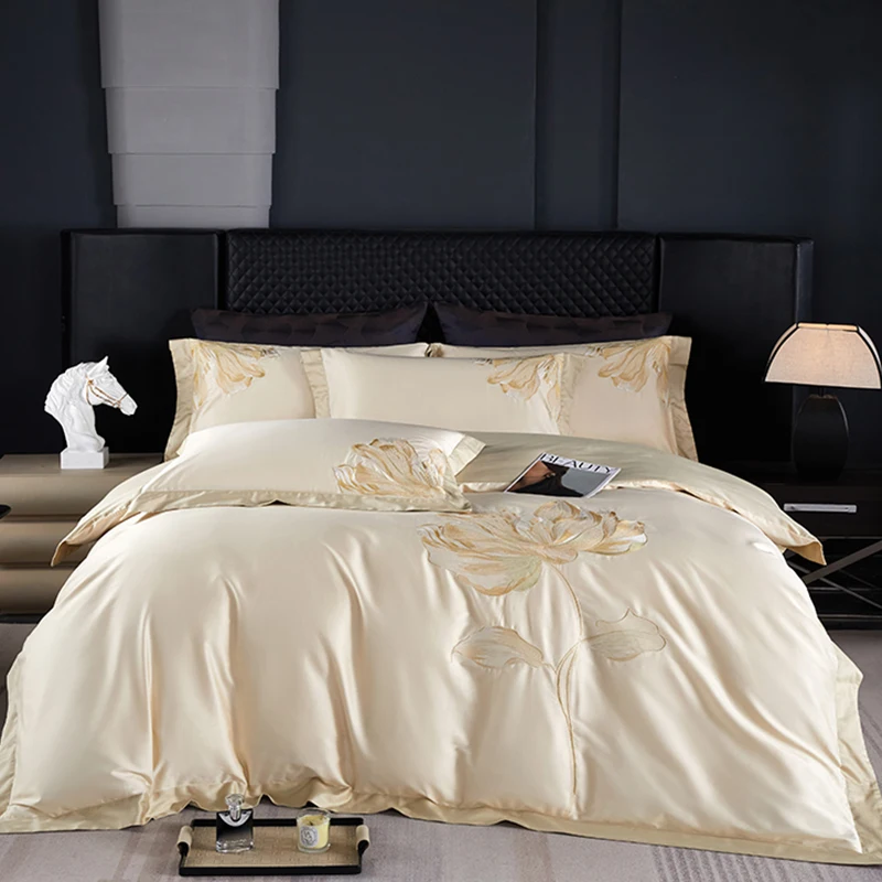 

800TC Egyptian Cotton Champagne Gold Luxury Flowers Embroidery Bedding Set Duvet Cover Flat/Fitted Bed Sheet Pillowcases 4Pcs