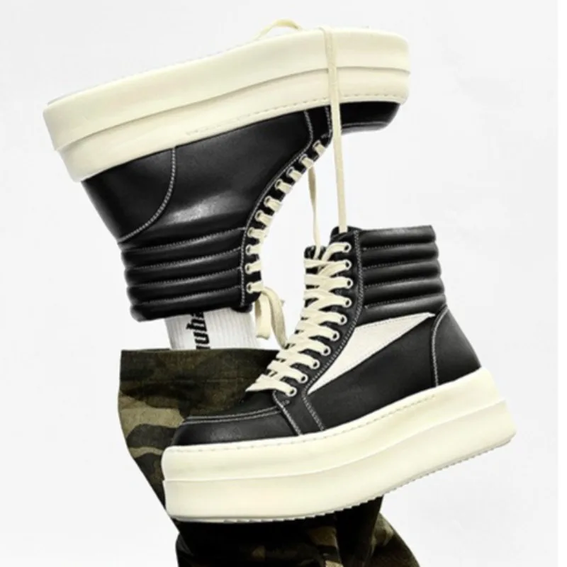 

Couple Casual Short Boots Leather Canvas Version Black White High-top Womens Men Shoes Fad Thick-soled Heightening Ankle Booties
