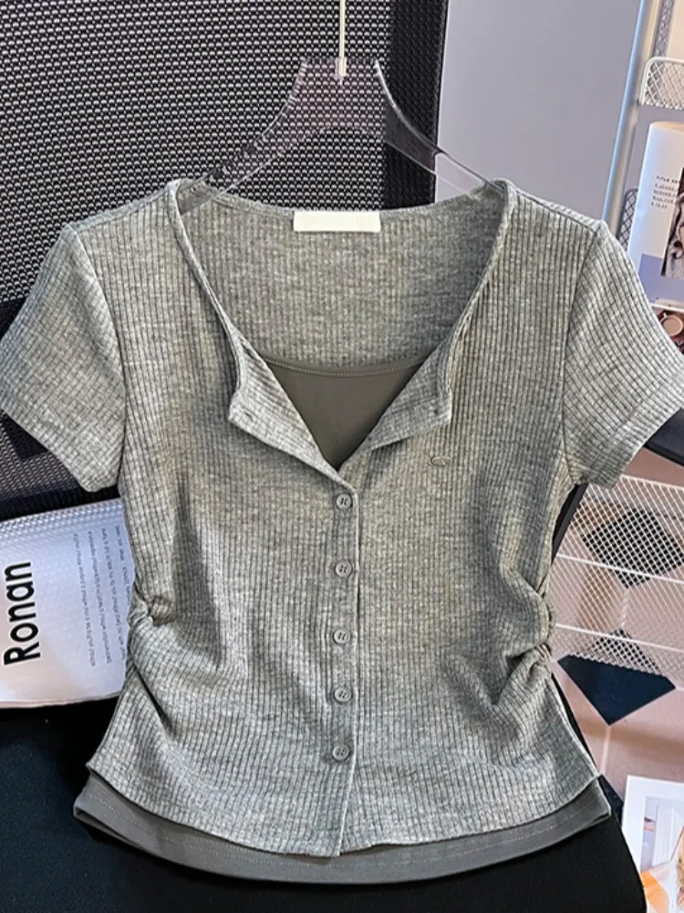 تي شيرت نسائي ort Sve بحاشية مطوية مكون من قطعتين ملون بتصميم Blo صيفي بقصة ضيقة بطول ort مزيج من القطن #3