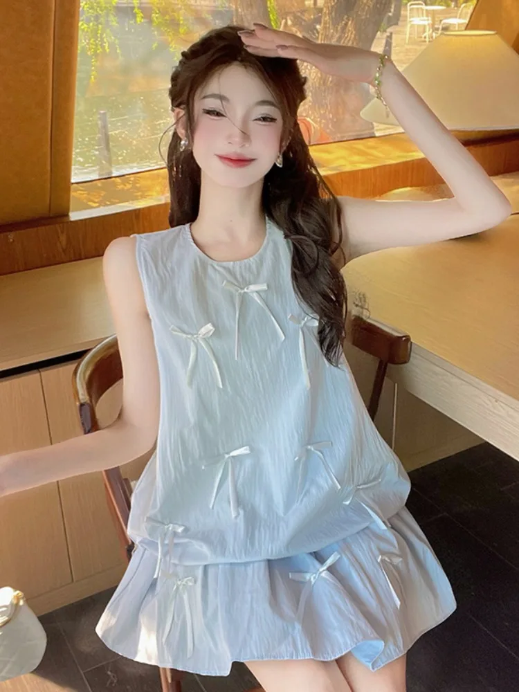 

Sweet Knot Sleeveless Floral Print High Waist A-Line Skirt Set Women's Summer Fashion Casual Breathable Light Weight