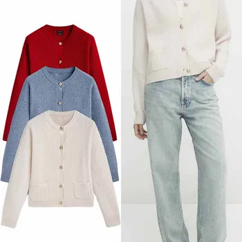 TRAF 여성 카디건 스웨터 새로운 작은 향기로운 스타일 솔리드 컬러 블렌디드 니트 카디건 재킷 패션 캐주얼 여성 의류