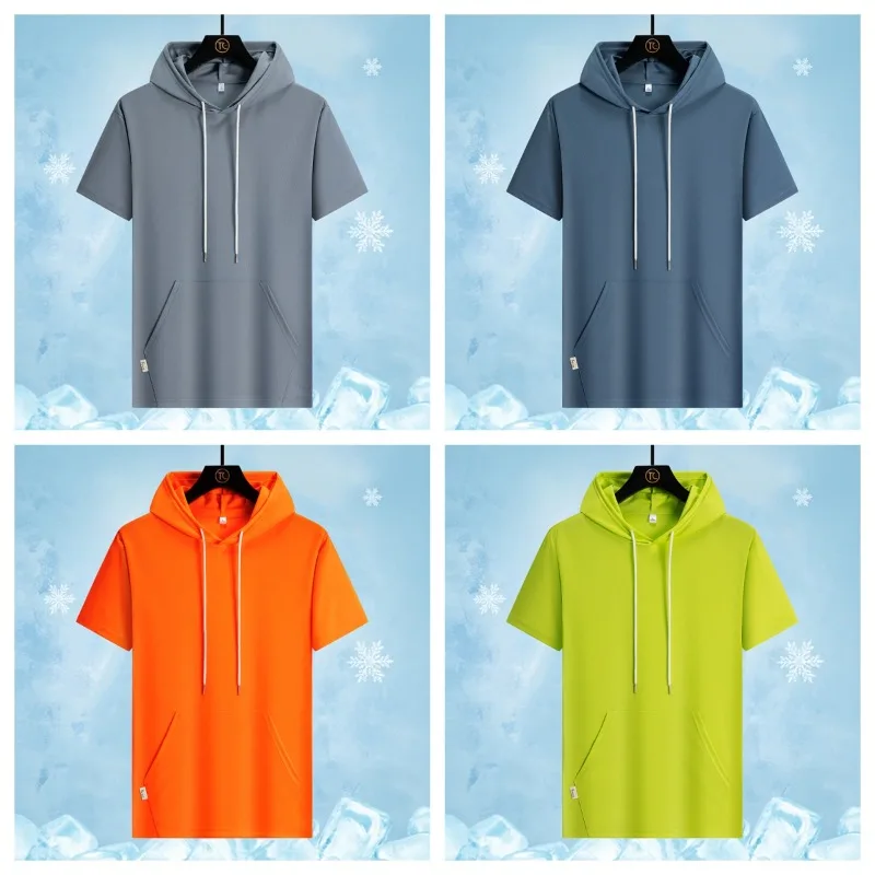 

Summer Fashion Hooded Ice Silk T-shirt for Outdoor Comprehensive Training Sweat Absorbing and Quick Drying Sports Casual T-shirt