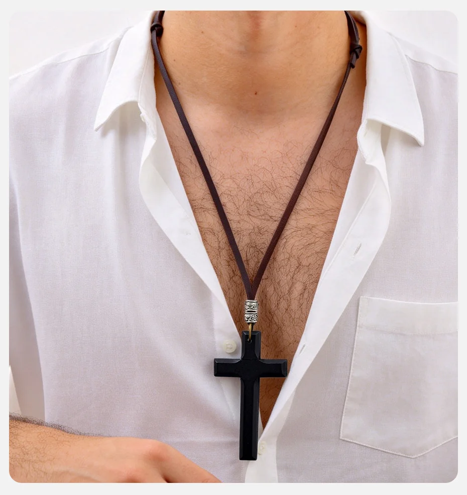 Vnox Vintage-Halskette mit Holzkreuz-Anhänger für Männer und Frauen, verstellbares 44–86 cm langes Lederband, christliches Gebetsamulett, Schmuck, Geschenk – Detail 4