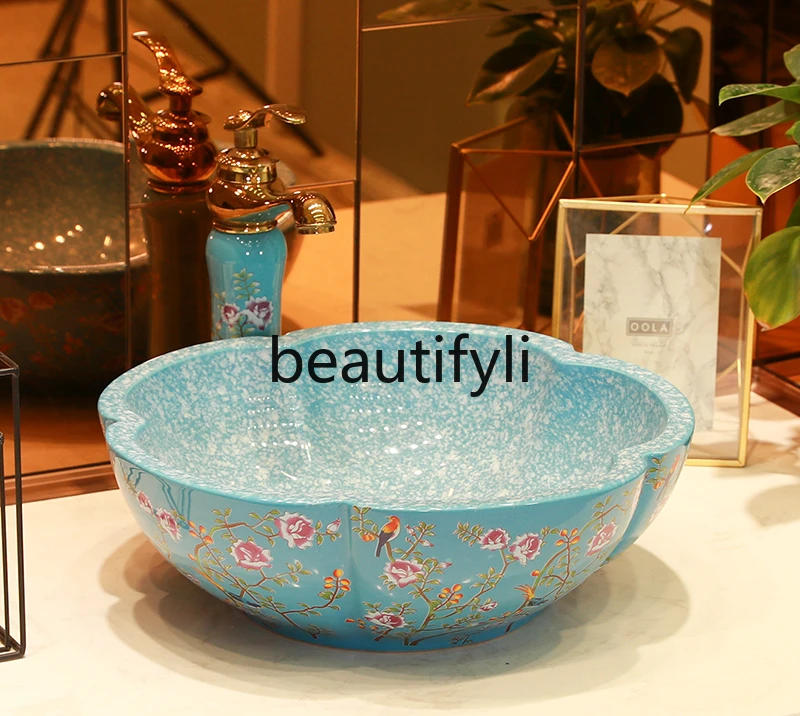 On-stage basin Round wash basin Blue art ceramic basin Small