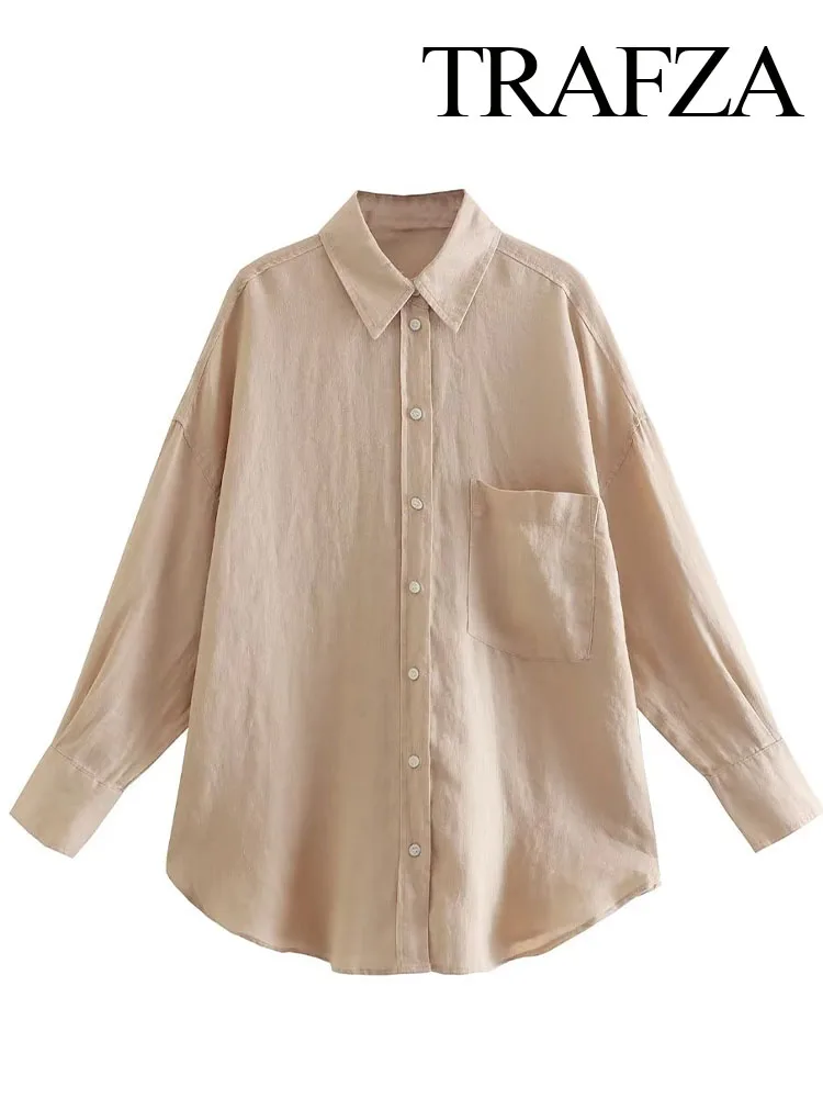 TRAFZA Women Vintage Office Ladies With Pocket Oversized Linen Shirts Fashion Long Sleeve Button-up Female Blouses Blusas Tops