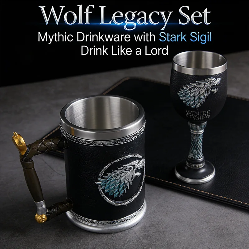 Goblet & Mug Set Stainless Steel Resin Wine Glass Beer Tankard 3D Sculpted Drinkware for Fantasy Fans Bar Party Decoration Gift