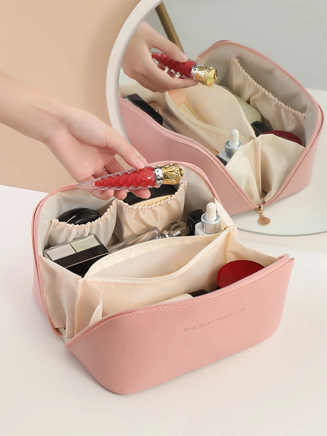 Borsa per il trucco da viaggio, borse per cosmetici di grande capacità per le donne, custodia portatile impermeabile borsa da toilette piatta aperta