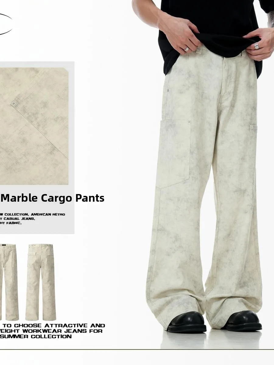 

Retro Faded American Marble Pattern Work Pants Loose Casual Straight Leg Trousers for Men And Women Daily Wear Cotton Blend