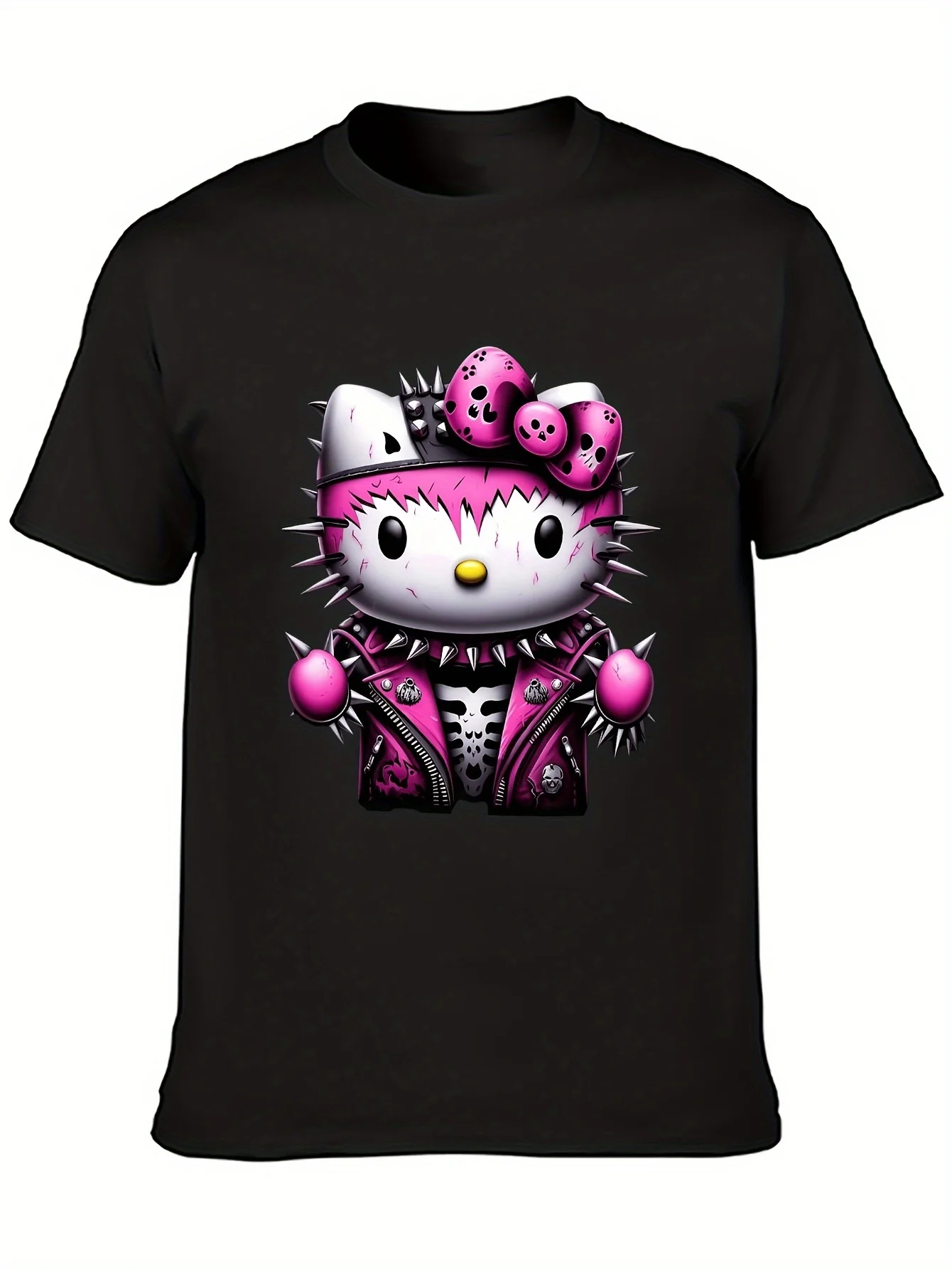 

Hello Kitty short sleeved T-shirt fashionable casual men's and women's short sleeved cartoon print gothic personality