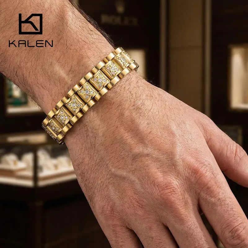 

KALEN 13mm CNC Zircon Watch Strap Bracelet For Men Stainless Steel 304 HipPop Jewelry - KB165230-KFC