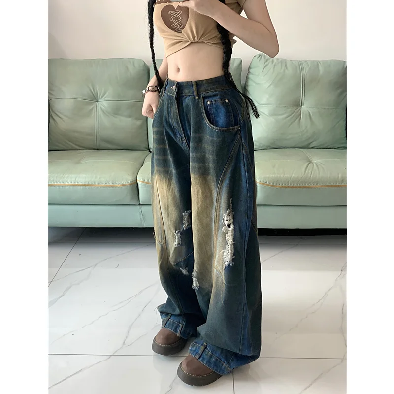 

Blue Womens Jeans Ripped High Waist Vintage Straight LOOSE Denim Y2K Pants Streetwear American Fashion Wide Leg Denim Trouser