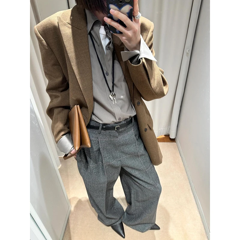 

PBAP Office Lady Women Plaid Bootcut Suit Trousers High Rise Loose Checkered Wide Leg Draped Long Pants Business Casual Clothes