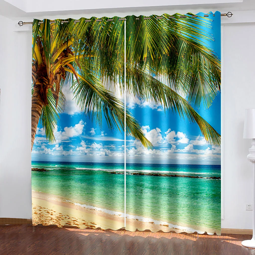 3D Polyester Window Curtains, 3D Nature Landscape, Blue Sand, Beach, Sea Palm Leaves, Shading, Bedroom, Living Room