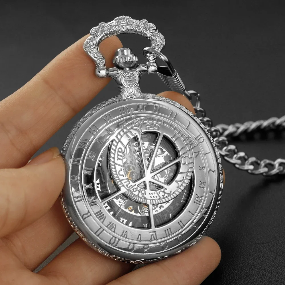 Luxury Gentlemen Silver Mechanical Pocket Watch Hand Winding Roman Numerals Display Pendant Fob Clock Retro Souvenir Gifts Male