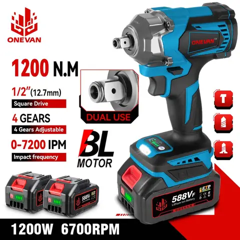 ONEVAN 1200N.M 브러시리스 전기 임팩트 렌치 1/2인치 무선 토크 렌치 스크루드라이버 파워툴 (마키타 18V 배터리 핀용)
