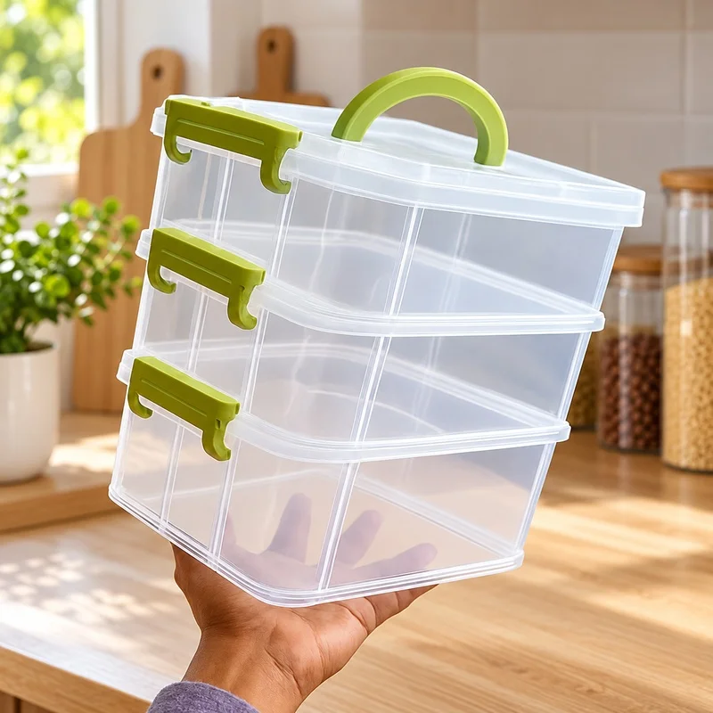 Transparent Multi-Compartment Storage Box with Four Sections, Layered Drawer for Toys and Small Accessories