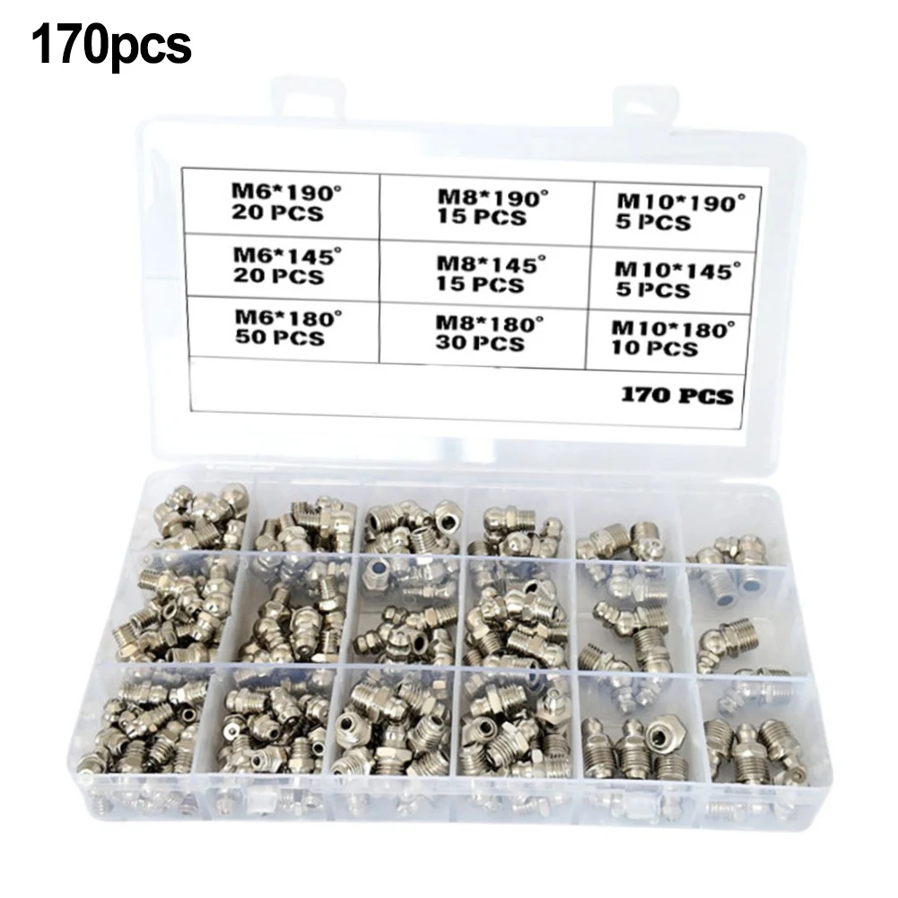 

170pcs M6 M8 M10 Metric Grease Nipple Set Straight And Angled Grease Nipple Hydraulic Grease Nipples Car Maintenance Tools