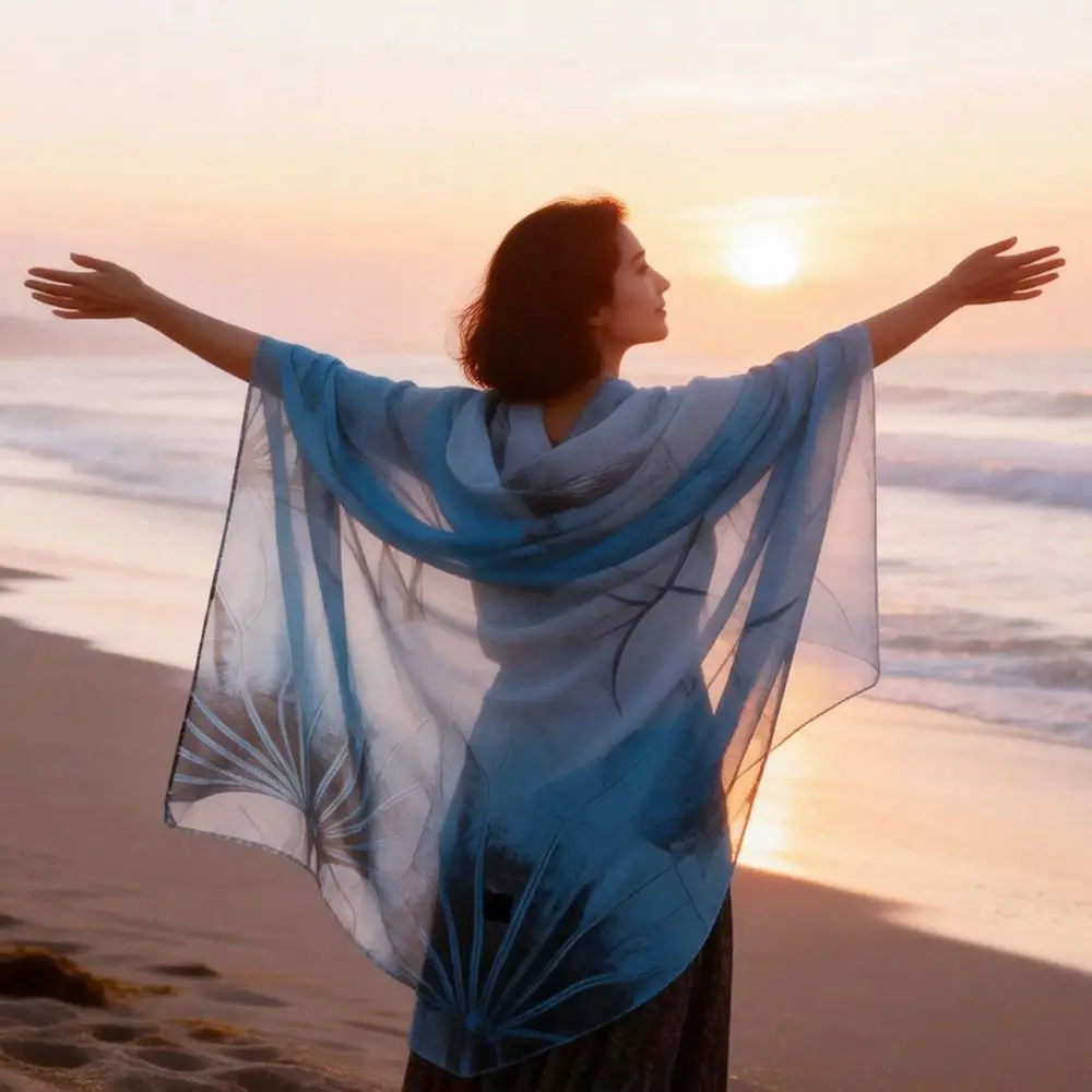 

Summer Embroidered Silk Scarf Breathable Smooth Beach Shawl Sun-Resistant Chiffon Long Wraps for Women