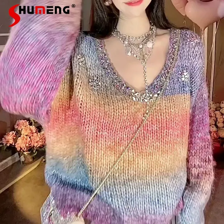 

Fashionable Diamond Gradient Sweater Autumn Winter New Loose Sweaters Long Sleeve Nice Knitwears All-match Knitted Tops