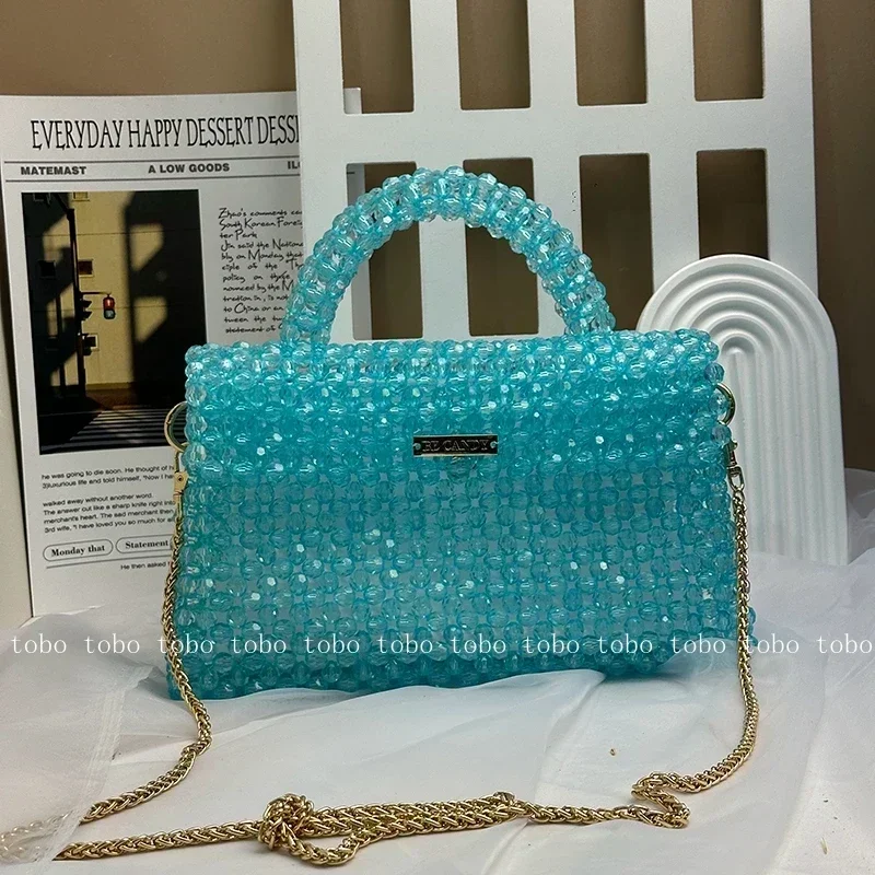 Transparent Box Beaded Tote Bag for Women Large Capacity Casual Ladies Hand Bags Lake Blue Luxury Brand Bag with Inner