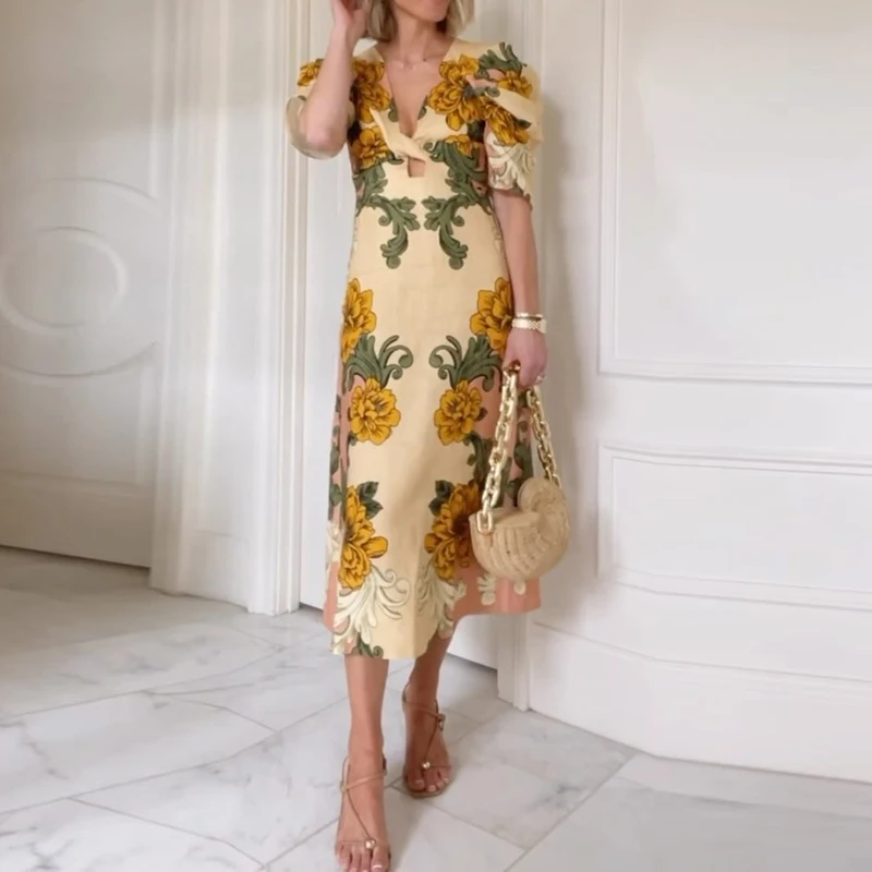 Elegancka Sukienka na Imprezę Damska Letnia Dekolt V Krótki Rękaw Linia A Kwiatowy Nadruk Długa Sukienka Damska Plażowa Wakacyjna Vestidos Boho