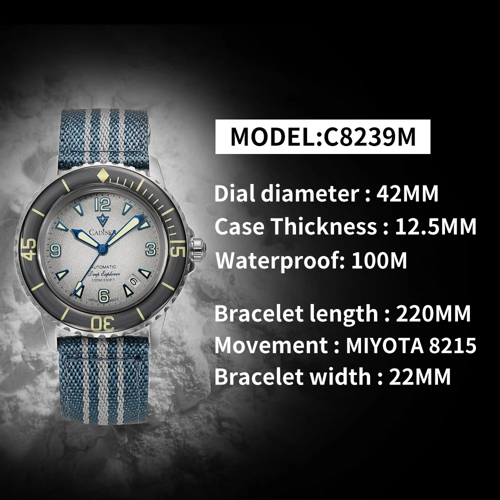 CADISEN Deep Explorer MIYOTA 8215 Automatic Mechanical Watch Man Canvas Strap Wristwatch Luxury Luminous Waterproof Watches view 6