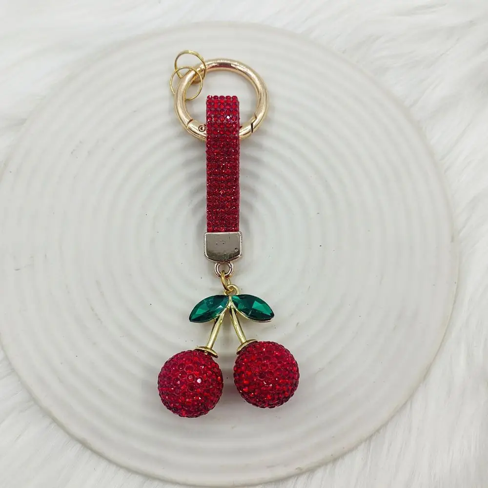 Fashionable Korean Ins Full Rhinestones Cherry Keychain High-end Blingbling Rhinestone Car Keyring DIY Creative Bag Charm Women