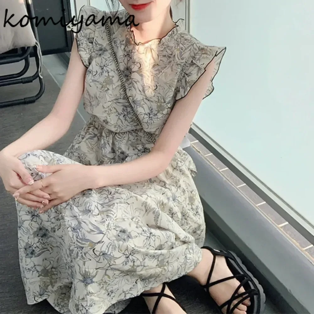 

Stand Collar Flying Sleeve Vestidos Japan Style Dress Floral Print Dresses High Waist A-line Ropa Mujer Sweet Loose Vestido