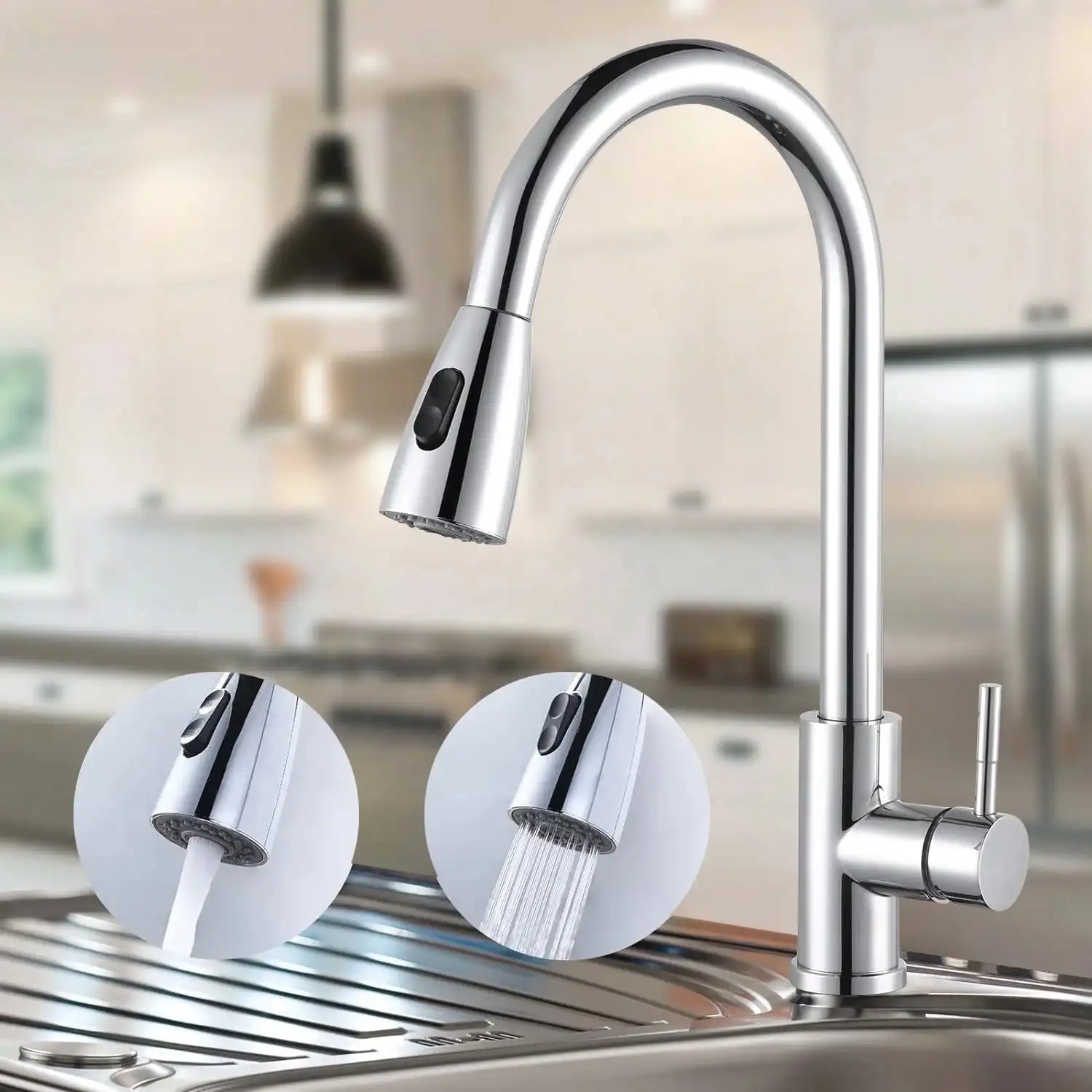 

Kitchen faucet, brushed nickel kitchen faucet with pull-down sprayer, high arc single handle stainless steel sink faucet