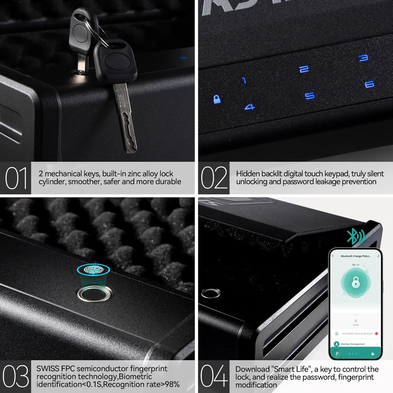 Biometric Fingerprint Gun Safe Pistol Safe 4 Ways 0.1S Quick Access, Fingerprint/Passcode/Key/App Unlock, Large Capacity Handgun