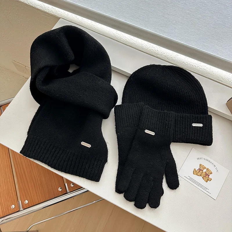 Set Tiga Potong Topi Rajut, Syal, dan Sarung Tangan, Wol Warna Solid, Warna Murni Serbaguna Hangat Musim Gugur dan Musim Dingin