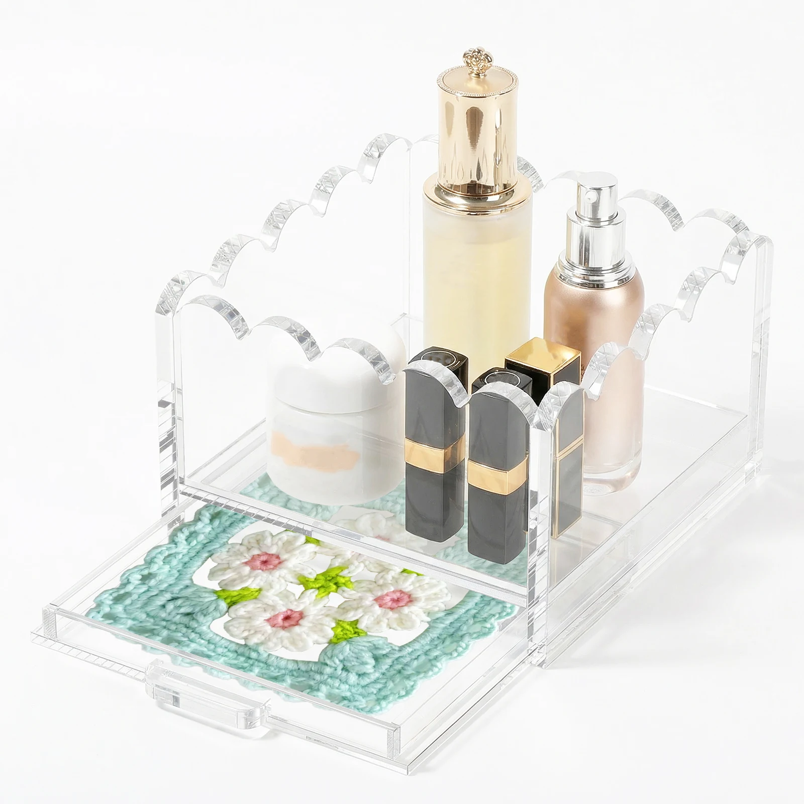 Scalloped Acrylic Tray with Slide Out Drawer 4inch/5inch Customizable Clear Acrylic Tray for Insert Photos Art Needlepoint