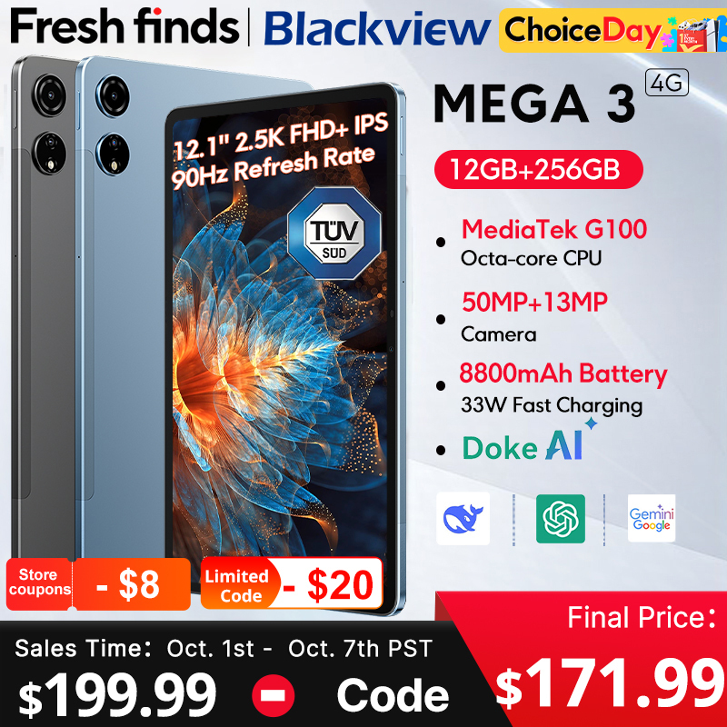  Blackview MEGA 3 Tablet 12.1" 2.5K 90Hz Display 12GB 256GB 8800mAh 50MP Camera 33W Fast Charging Android 15 Pa 
