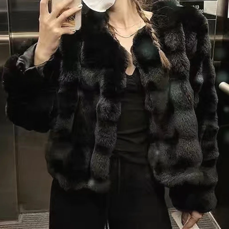 Otoño Invierno 2025 abrigos de piel sintética de visón para mujer chaquetas cortas sólidas cuello redondo manga larga punto abierto suelto grueso elegante Casual