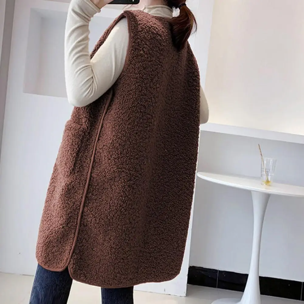 

Solid Color Vest Women Vest Stylish Sleeveless Women's Vest Coat with Pockets Warm Winter Outwear Waistcoat for Fall Mid Length