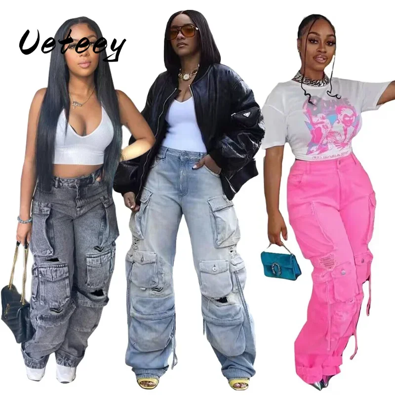 Ueteey Blue Baggy Jeans for Women 2024 Multi Pockets Streetwear y2k Vintage Cargo Jean Pants Low Rise Ripped Jeans Pink Black