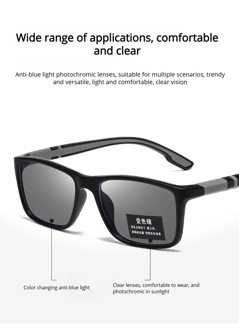 Ultraleichte, quadratische, photochrome Lesebrille für Herren und Damen, klassische Anti-Blaulicht-Brille, modische Presbyopie-Brille – Detail 5