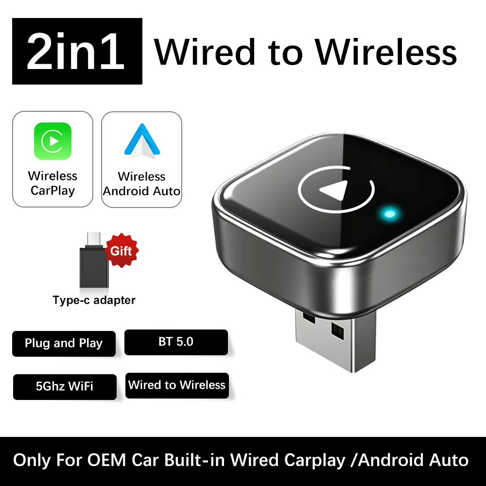 2-in-1 Wireless CarPlay Adapter Wired To Wireless Dongle for Apple & Android Auto Plug and Play for OEM Wired Smart Car Systems