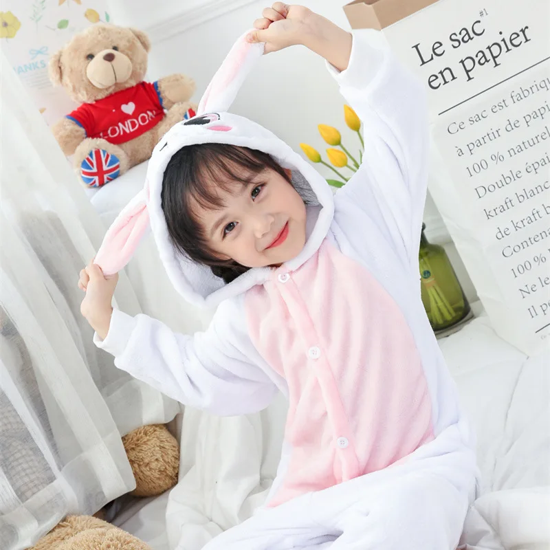 

Pink Rabbit Carnival Onesie Kids Pajama Flannel Animal Anime Kigurumi Full Length Boy Girl Sleepwear Hooded Children Clothes Set